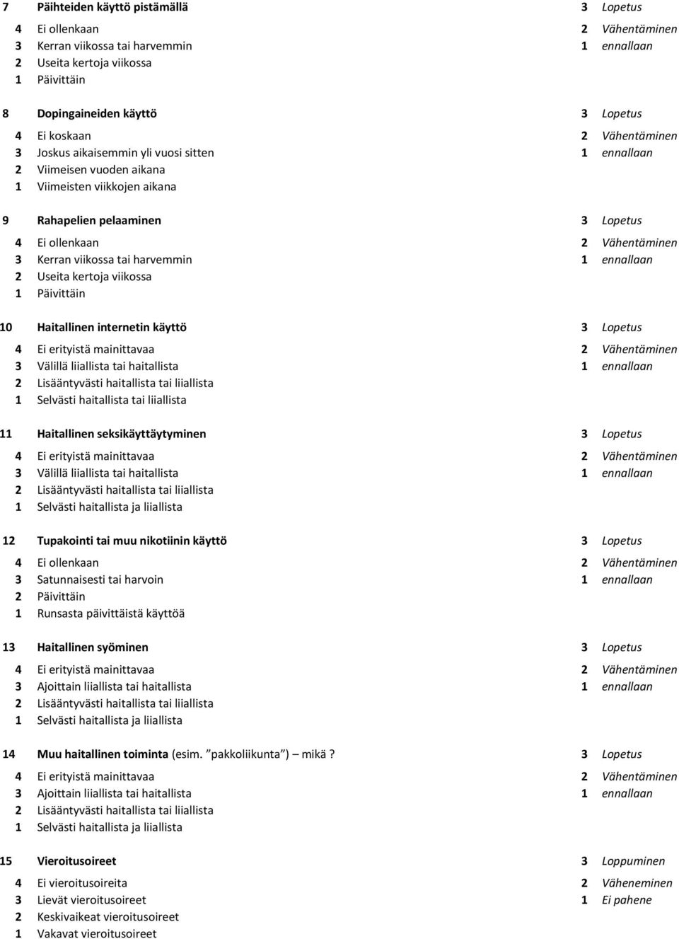 seksikäyttäytyminen 3 Lopetus 3 Välillä liiallista tai haitallista 1 ennallaan 1 Selvästi haitallista ja liiallista 12 Tupakointi tai muu nikotiinin käyttö 3 Lopetus 3 Satunnaisesti tai harvoin 1