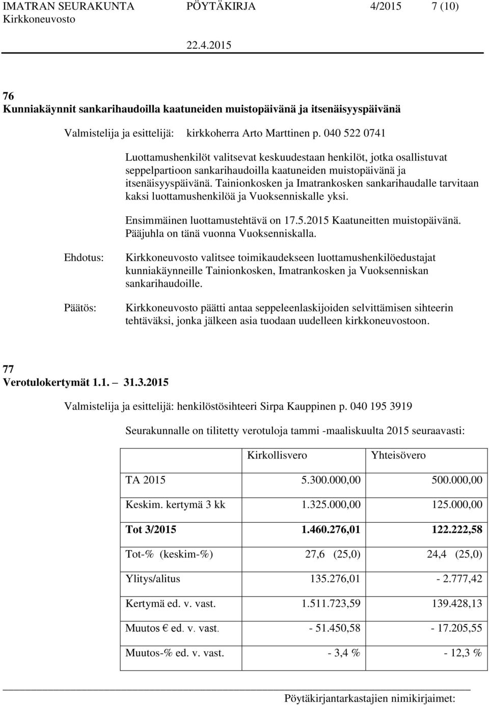 Tainionkosken ja Imatrankosken sankarihaudalle tarvitaan kaksi luottamushenkilöä ja Vuoksenniskalle yksi. Ensimmäinen luottamustehtävä on 17.5.2015 Kaatuneitten muistopäivänä.