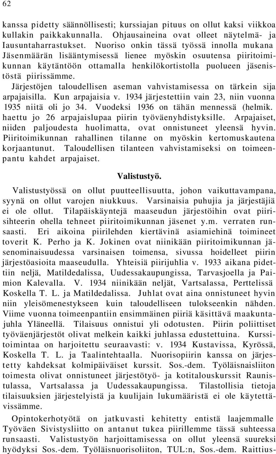 Järjestöjen taloudellisen aseman vahvistamisessa on tärkein sija arpajaisilla. Kun arpajaisia v. 1934 järjestettiin vain 23, niin vuonna 1935 niitä oli jo 34. Vuodeksi 1936 on tähän mennessä (helmik.