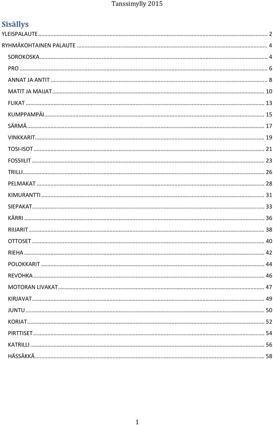 .. 28 KIMURANTTI... 31 SIEPAKAT... 33 KÄRRI... 36 RIIJARIT... 38 OTTOSET... 40 RIEHA... 42 POLOKKARIT... 44 REVOHKA.