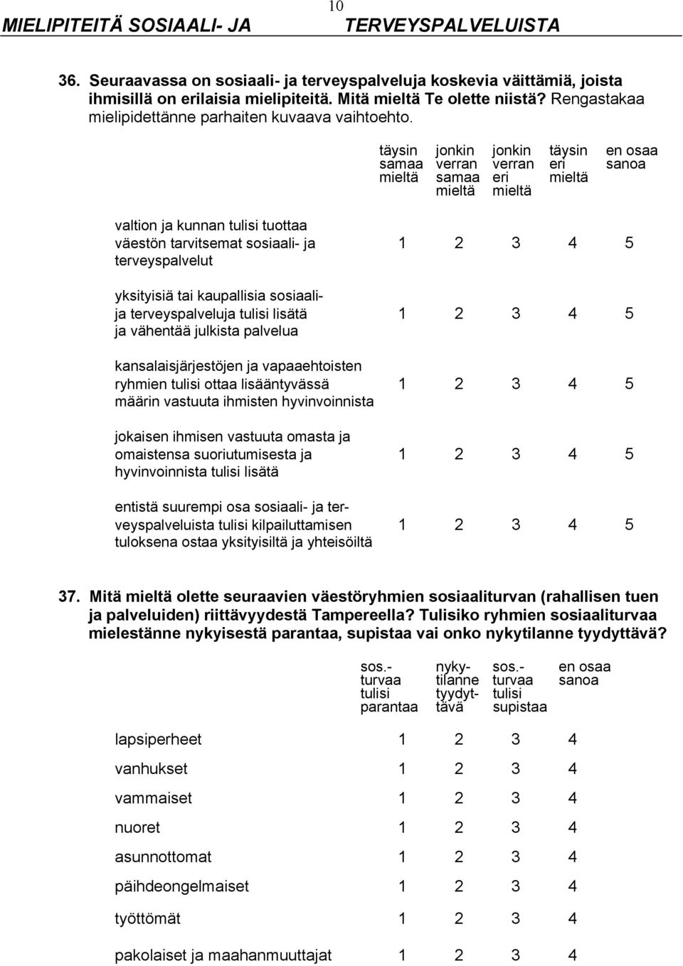 täysin jonkin jonkin täysin en osaa samaa verran verran eri sanoa mieltä samaa eri mieltä mieltä mieltä valtion ja kunnan tulisi tuottaa väestön tarvitsemat sosiaali- ja 1 2 3 4 5 terveyspalvelut