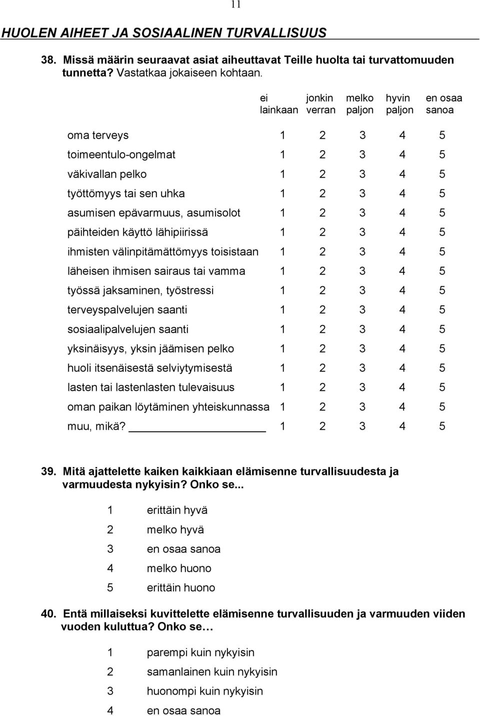 epävarmuus, asumisolot 1 2 3 4 5 päihteiden käyttö lähipiirissä 1 2 3 4 5 ihmisten välinpitämättömyys toisistaan 1 2 3 4 5 läheisen ihmisen sairaus tai vamma 1 2 3 4 5 työssä jaksaminen, työstressi 1