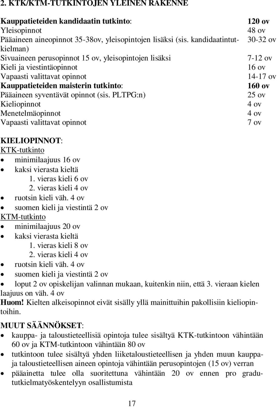 (sis. PLTPG:n) Kieliopinnot Menetelmäopinnot Vapaasti valittavat opinnot 120 ov 48 ov 30-32 ov 7-12 ov 16 ov 14-17 ov 160 ov 25 ov 4 ov 4 ov 7 ov KIELIOPINNOT: KTK-tutkinto minimilaajuus 16 ov kaksi