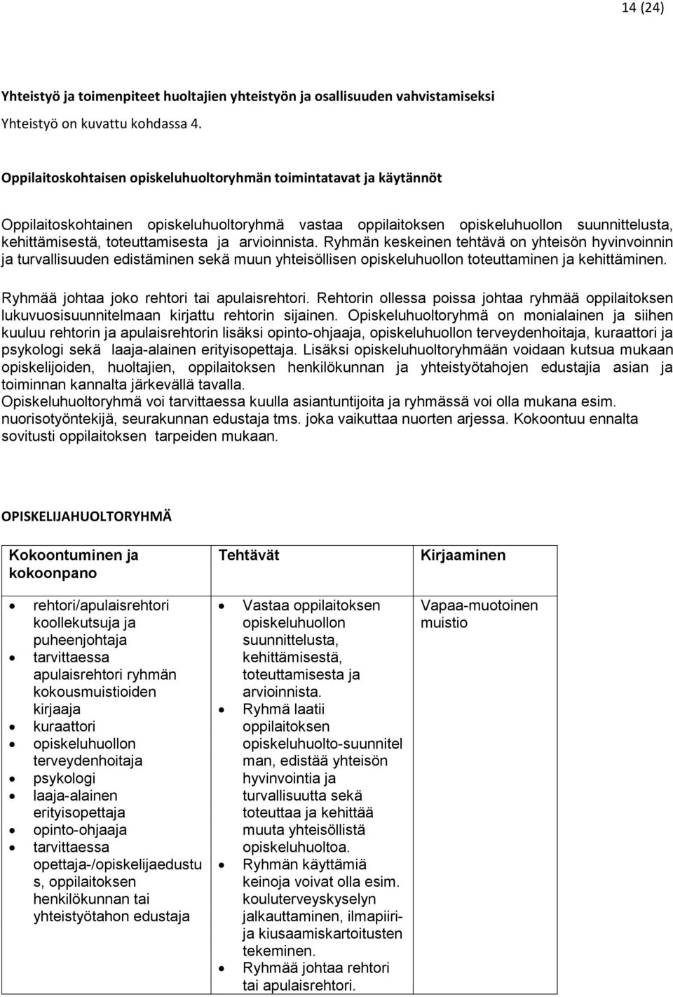 arvioinnista. Ryhmän keskeinen tehtävä on yhteisön hyvinvoinnin ja turvallisuuden edistäminen sekä muun yhteisöllisen opiskeluhuollon toteuttaminen ja kehittäminen.