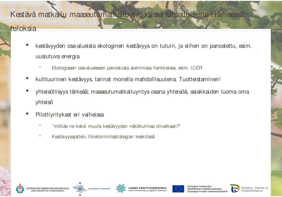 ICER kulttuurinen kestävyys, tarinat monella mahdollisuutena. Tuotteistaminen!
