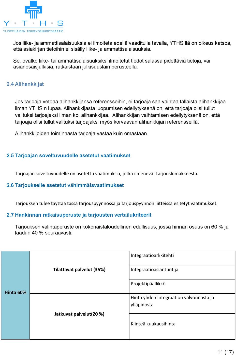 4 Alihankkijat Jos tarjoaja vetoaa alihankkijansa referensseihin, ei tarjoaja saa vaihtaa tällaista alihankkijaa ilman YTHS:n lupaa.