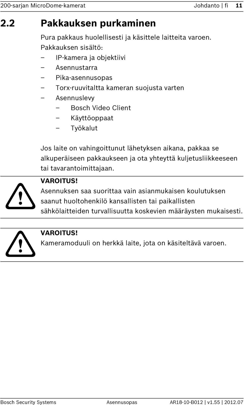 vahingoittunut lähetyksen aikana, pakkaa se alkuperäiseen pakkaukseen ja ota yhteyttä kuljetusliikkeeseen tai tavarantoimittajaan. VAROITUS!