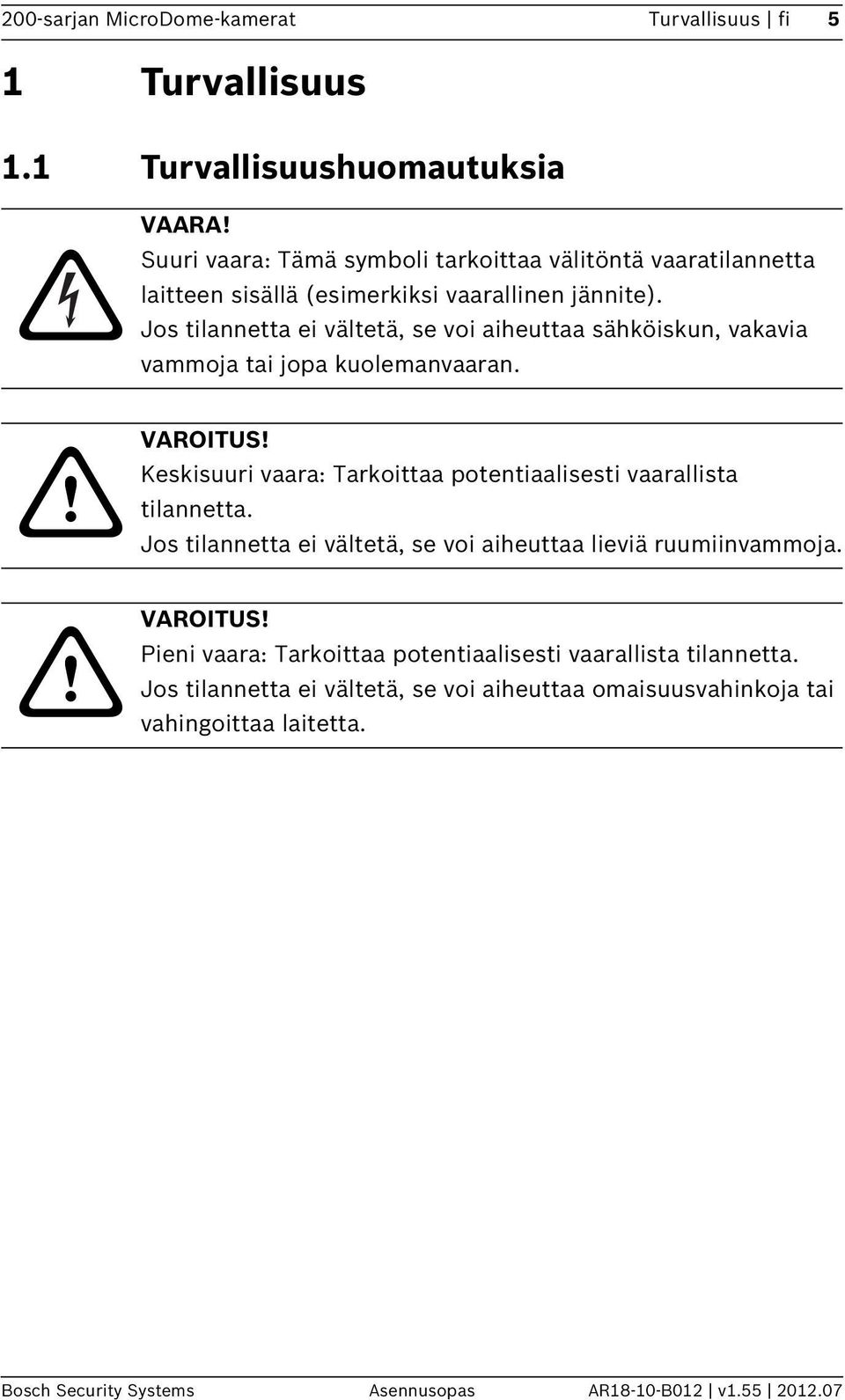 Jos tilannetta ei vältetä, se voi aiheuttaa sähköiskun, vakavia vammoja tai jopa kuolemanvaaran. VAROITUS!