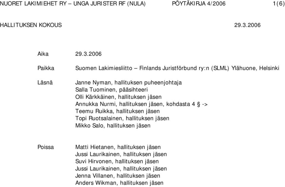 Tuominen, pääsihteeri Olli Kärkkäinen, hallituksen jäsen Annukka Nurmi, hallituksen jäsen, kohdasta 4 -> Teemu Ruikka, hallituksen jäsen Topi