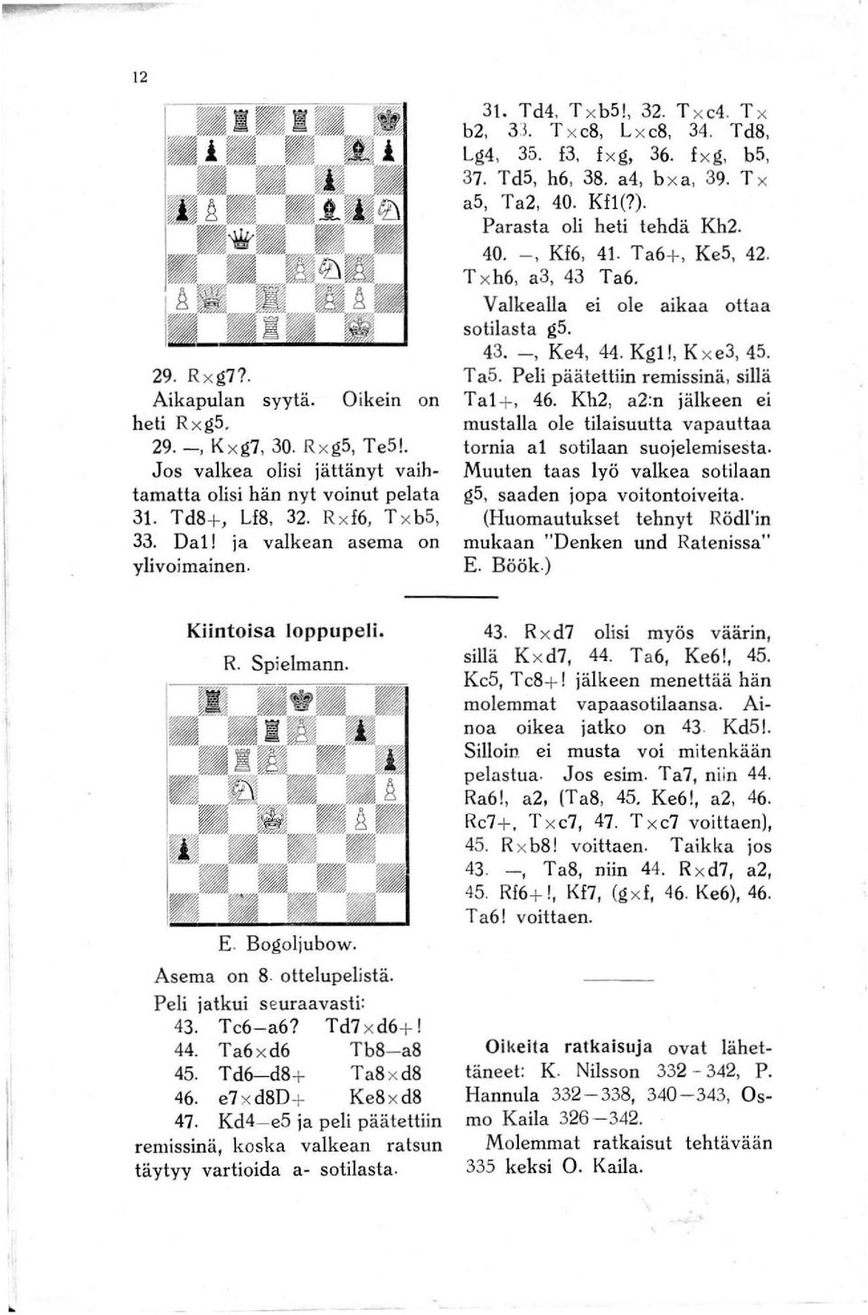 Parasta oli heti tehdä Kh2. 40. -, K16, 41. Ta6+, Ke5, 42. T xh6, a3, 43 Ta6. Vaikealla ei ole aikaa ottaa sotilasta g5. 43. -, Ke4, 44. Kg1!, K x e3, 45. Ta5.