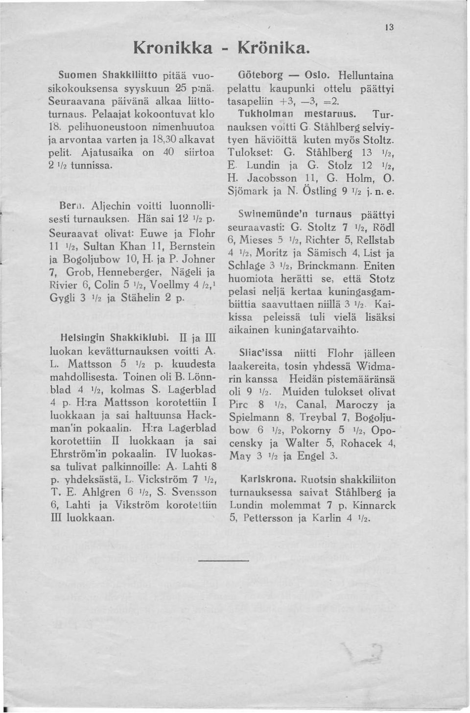 Seuraavat olivat: Euwe ja Flohr II ' /2, Sultan Khan II, Bernstein ja Bogoljubow 10, H. ja P. Johner 7, Grob, Henneberger, Nägeli ja Rivier 6, Colin 5 '/2, Voellmy 4 /2,' Gygli 3 ' /2 ja Stähelin 2 p.