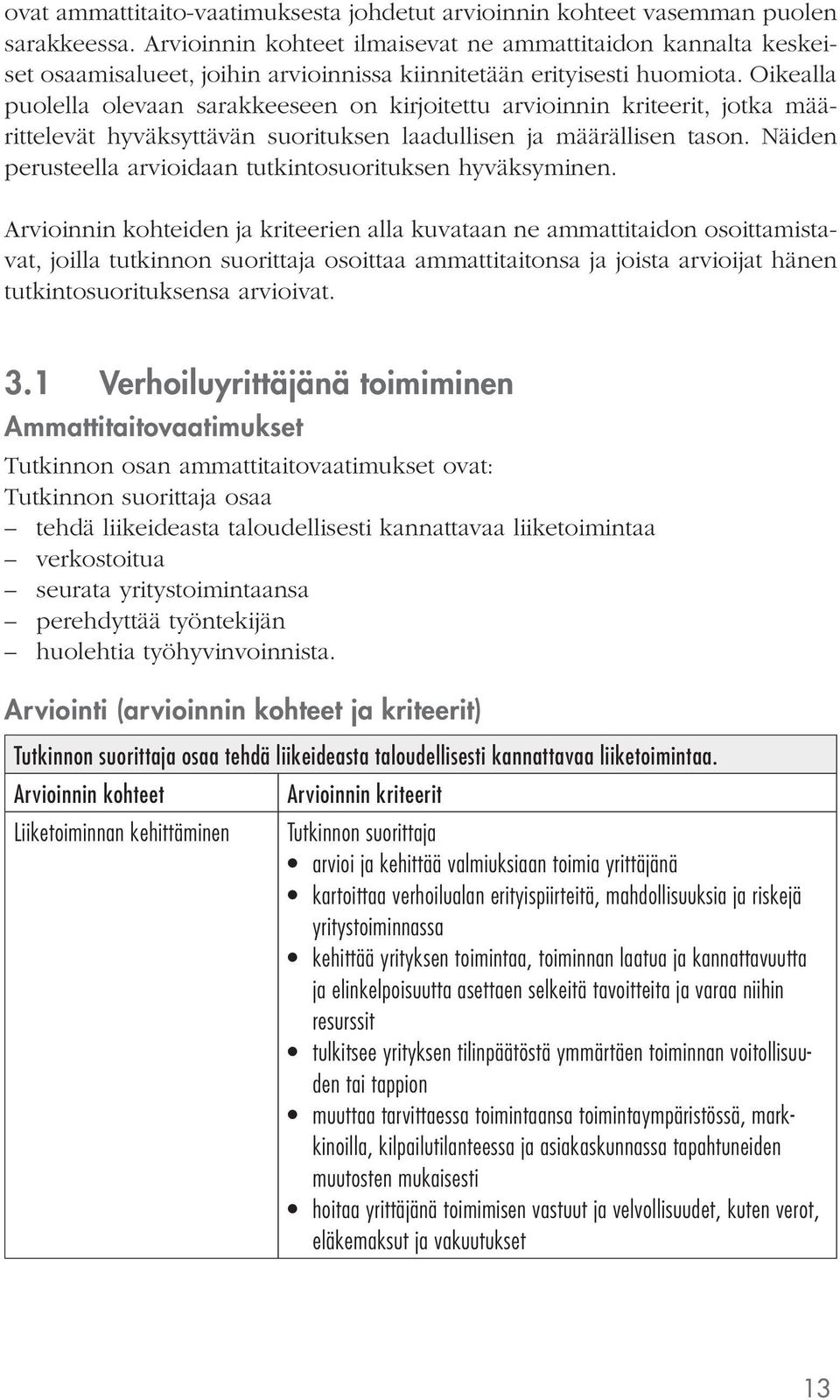 Oikealla puolella olevaan sarakkeeseen on kirjoitettu arvioinnin kriteerit, jotka määrittelevät hyväksyttävän suorituksen laadullisen ja määrällisen tason.