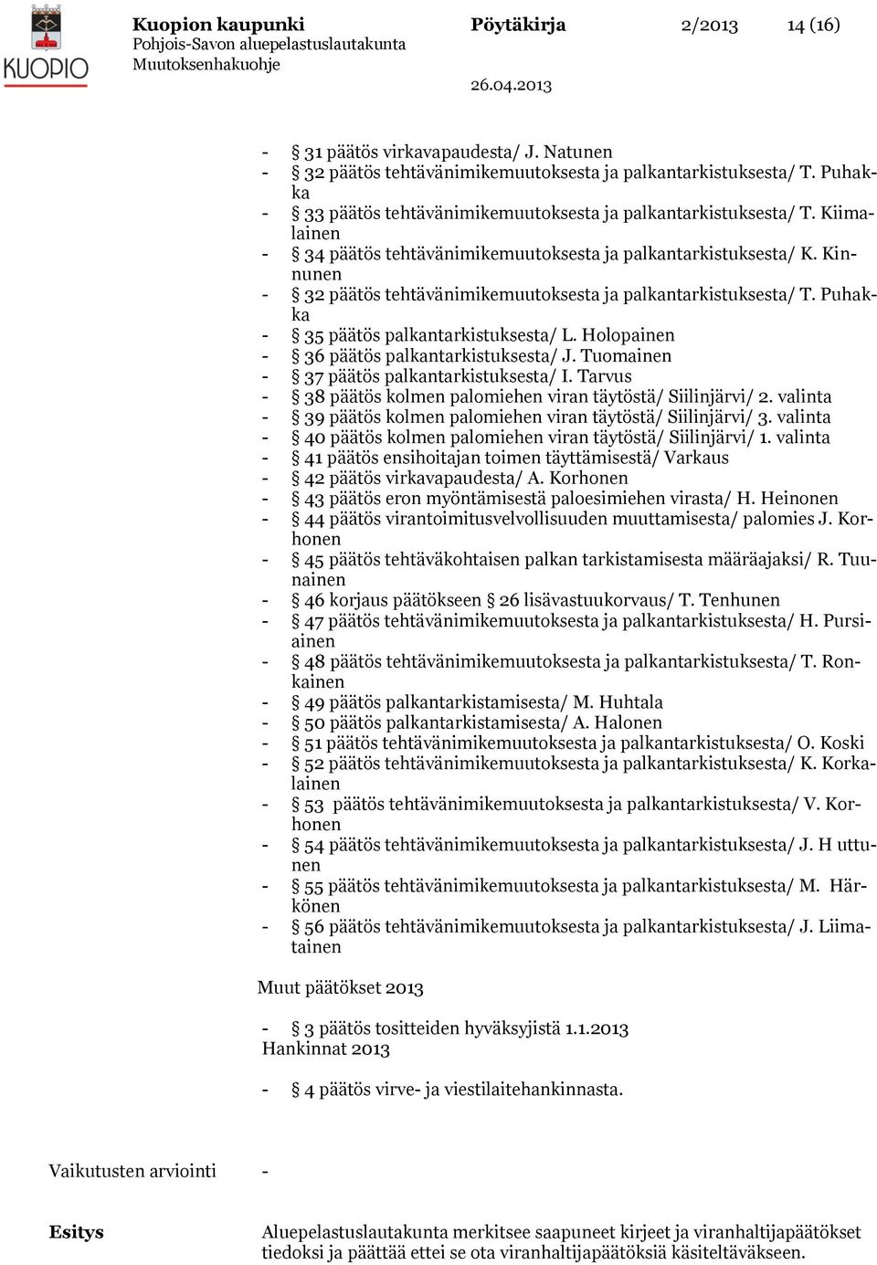 Kinnunen - 32 päätös tehtävänimikemuutoksesta ja palkantarkistuksesta/ T. Puhakka - 35 päätös palkantarkistuksesta/ L. Holopainen - 36 päätös palkantarkistuksesta/ J.