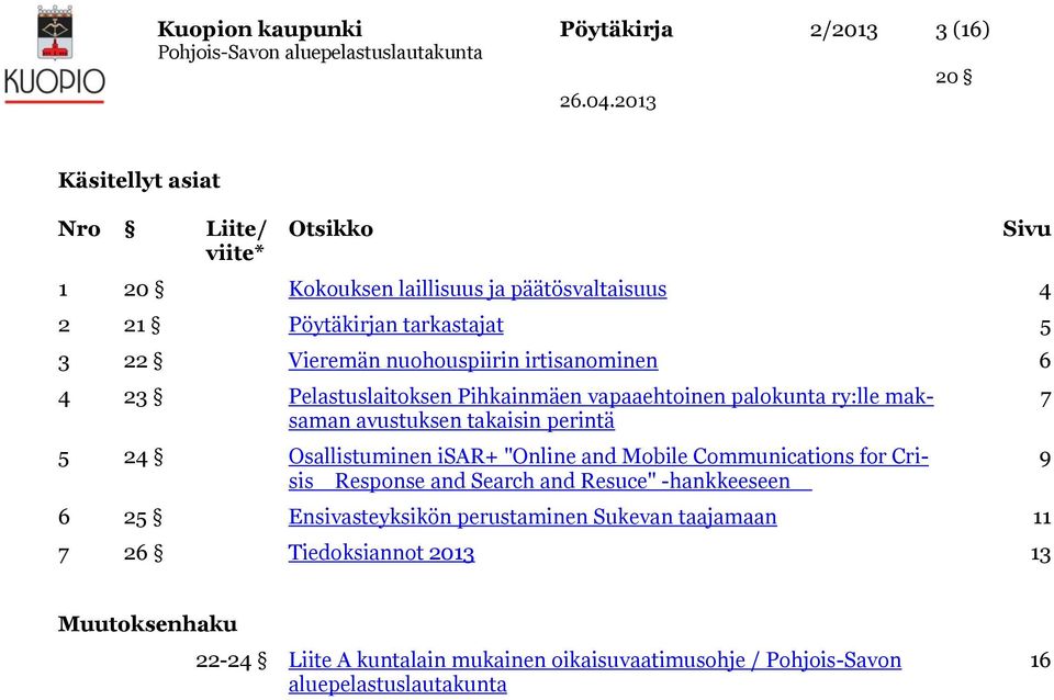 perintä 5 24 Osallistuminen isar+ "Online and Mobile Communications for CrisisResponse and Search and Resuce" -hankkeeseen 6 25 Ensivasteyksikön perustaminen