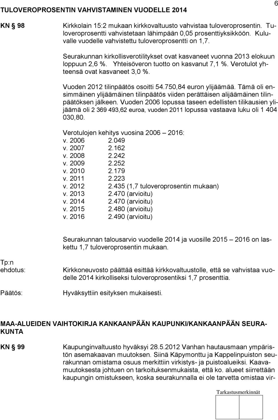 Verotulot yhteensä ovat kasvaneet 3,0 %. Vuoden 2012 tilinpäätös osoitti 54.750,84 euron ylijäämää.