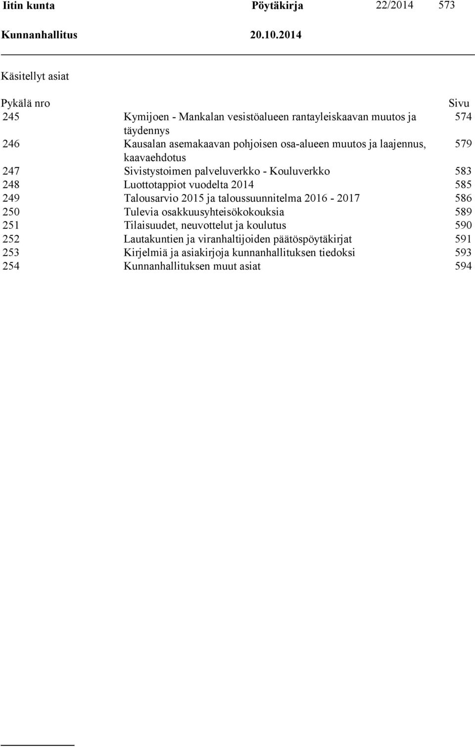 osa-alueen muutos ja laajennus, 579 kaavaehdotus 247 Sivistystoimen palveluverkko - Kouluverkko 583 248 Luottotappiot vuodelta 2014 585 249 Talousarvio 2015 ja