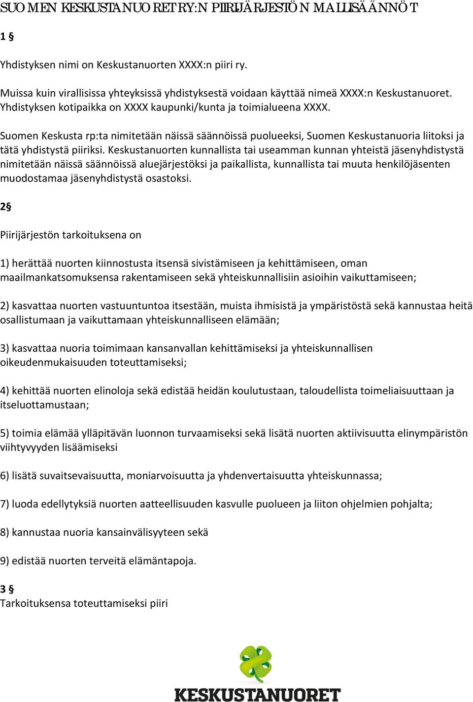 Suomen Keskusta rp:ta nimitetään näissä säännöissä puolueeksi, Suomen Keskustanuoria liitoksi ja tätä yhdistystä piiriksi.
