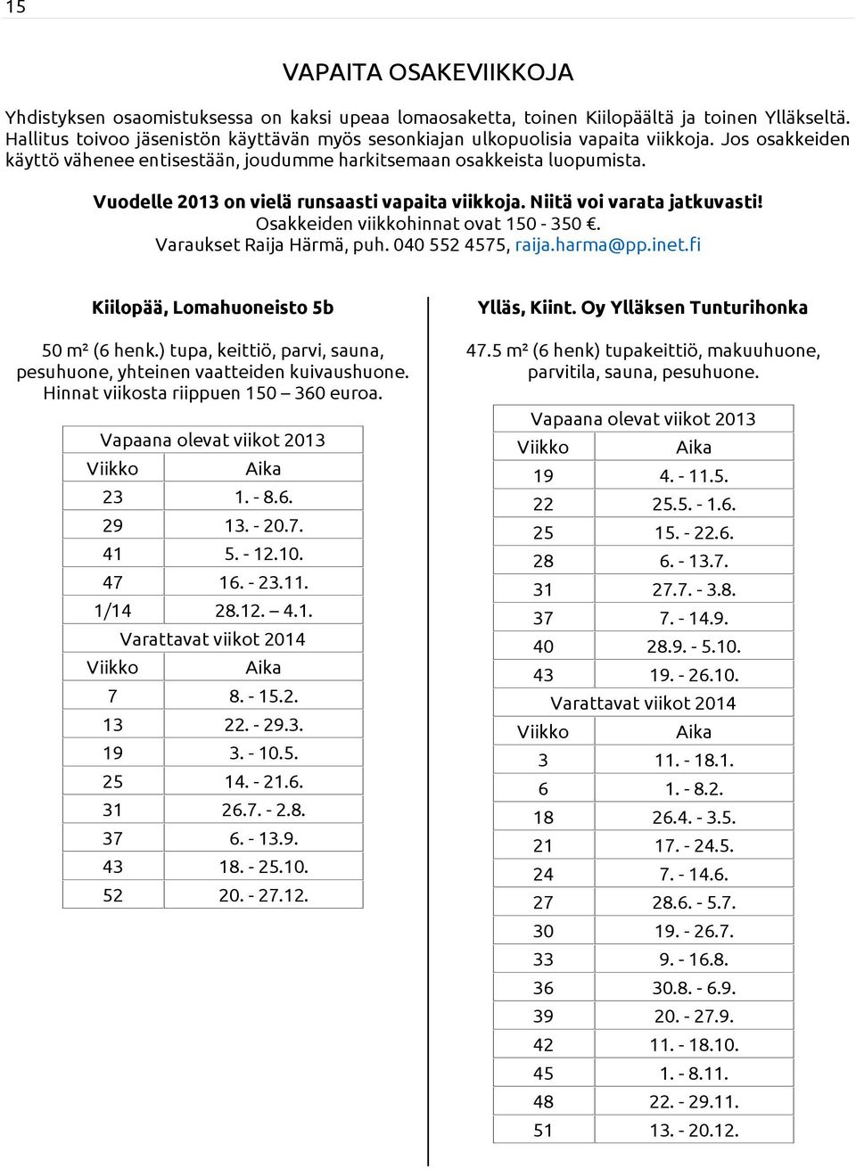 Vuodelle 2013 on vielä runsaasti vapaita viikkoja. Niitä voi varata jatkuvasti! Osakkeiden viikkohinnat ovat 150-350. Varaukset Raija Härmä, puh. 040 552 4575, raija.harma@pp.inet.