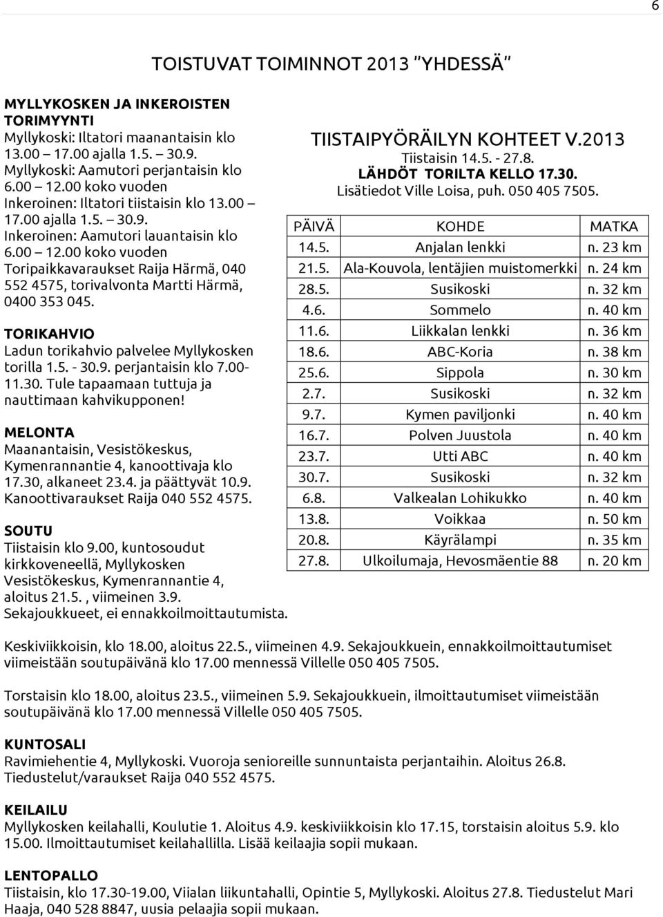 00 koko vuoden Toripaikkavaraukset Raija Härmä, 040 552 4575, torivalvonta Martti Härmä, 0400 353 045. TORIKAHVIO Ladun torikahvio palvelee Myllykosken torilla 1.5. - 30.9. perjantaisin klo 7.00-11.