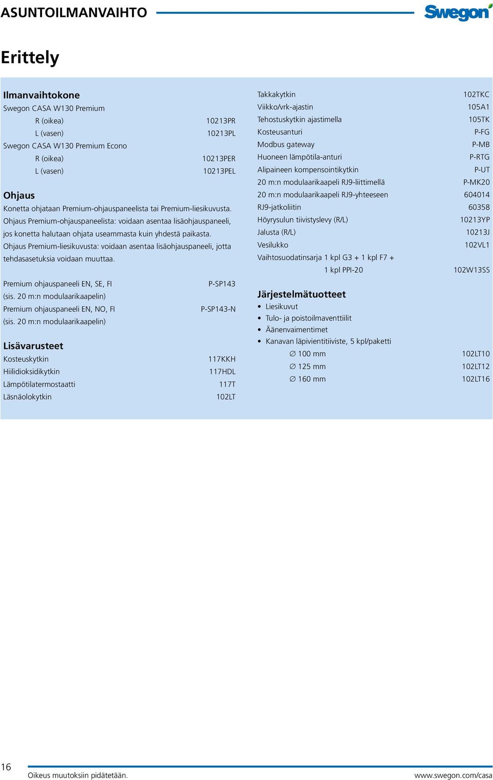 Ohjaus Premium-liesikuvusta: voidaan asentaa lisäohjauspaneeli, jotta tehdasasetuksia voidaan muuttaa. Premium ohjauspaneeli EN, SE, FI P-SP143 (sis.