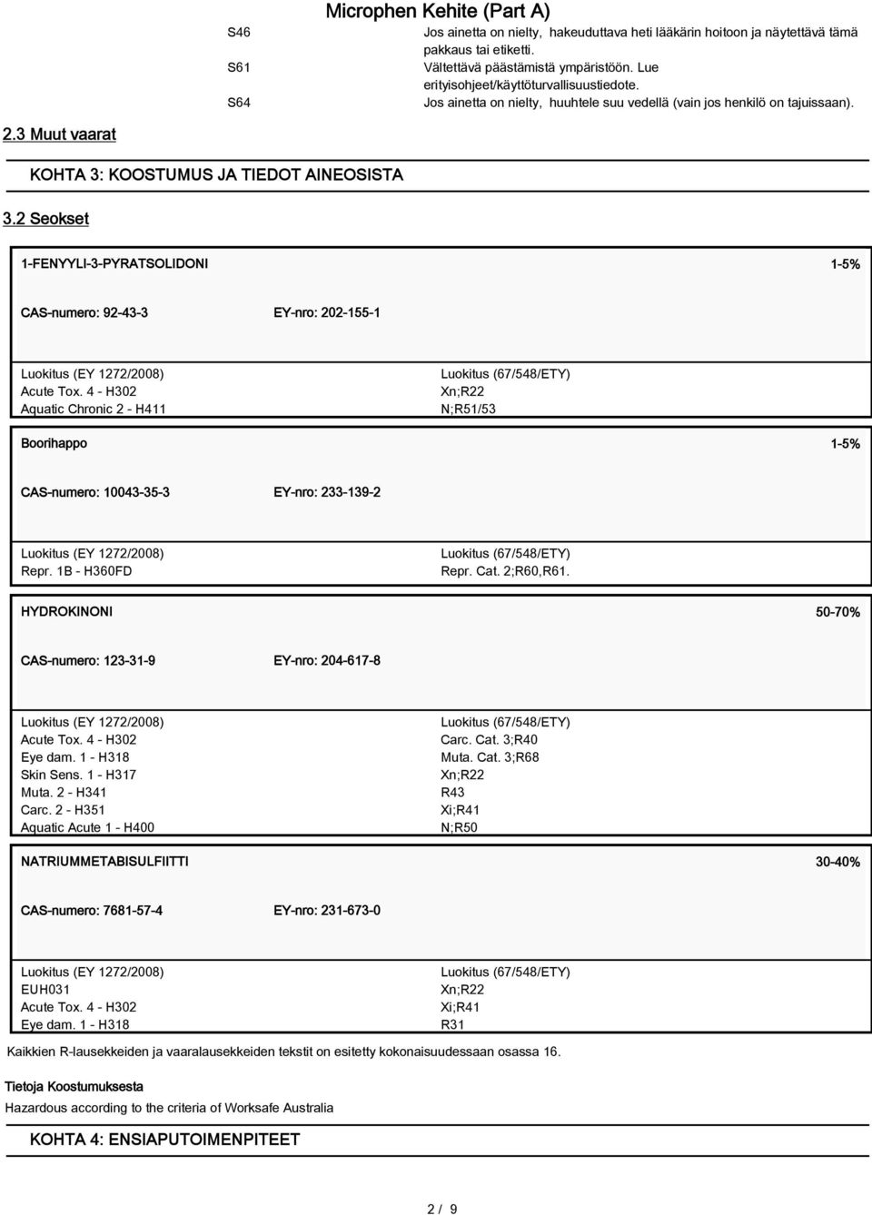 2 Seokset 1-FENYYLI-3-PYRATSOLIDONI 1-5% CAS-numero: 92-43-3 EY-nro: 202-155-1 Luokitus (EY 1272/2008) Acute Tox.