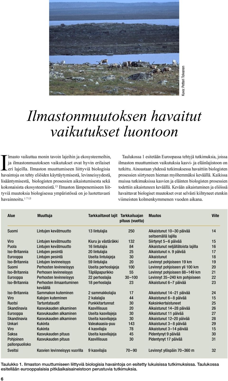 13 Ilmaston lämpenemiseen liittyviä muutoksia biologisessa ympäristössä on jo luotettavasti havainnoitu.