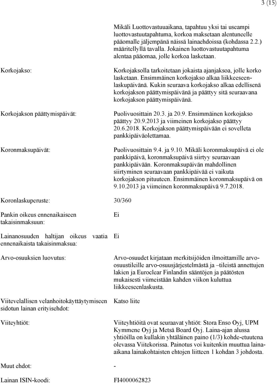 Korkojakso: Korkojakson päättymispäivät: Koronmaksupäivät: Korkojaksolla tarkoitetaan jokaista ajanjaksoa, jolle korko lasketaan. Ensimmäinen korkojakso alkaa liikkeeseenlaskupäivänä.