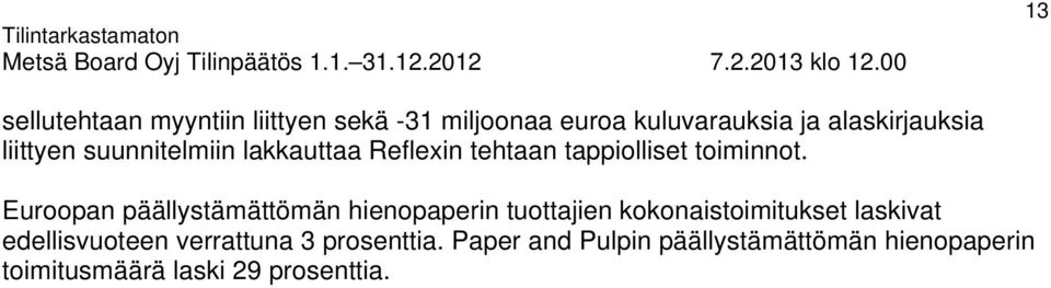 Euroopan päällystämättömän hienopaperin tuottajien kokonaistoimitukset laskivat