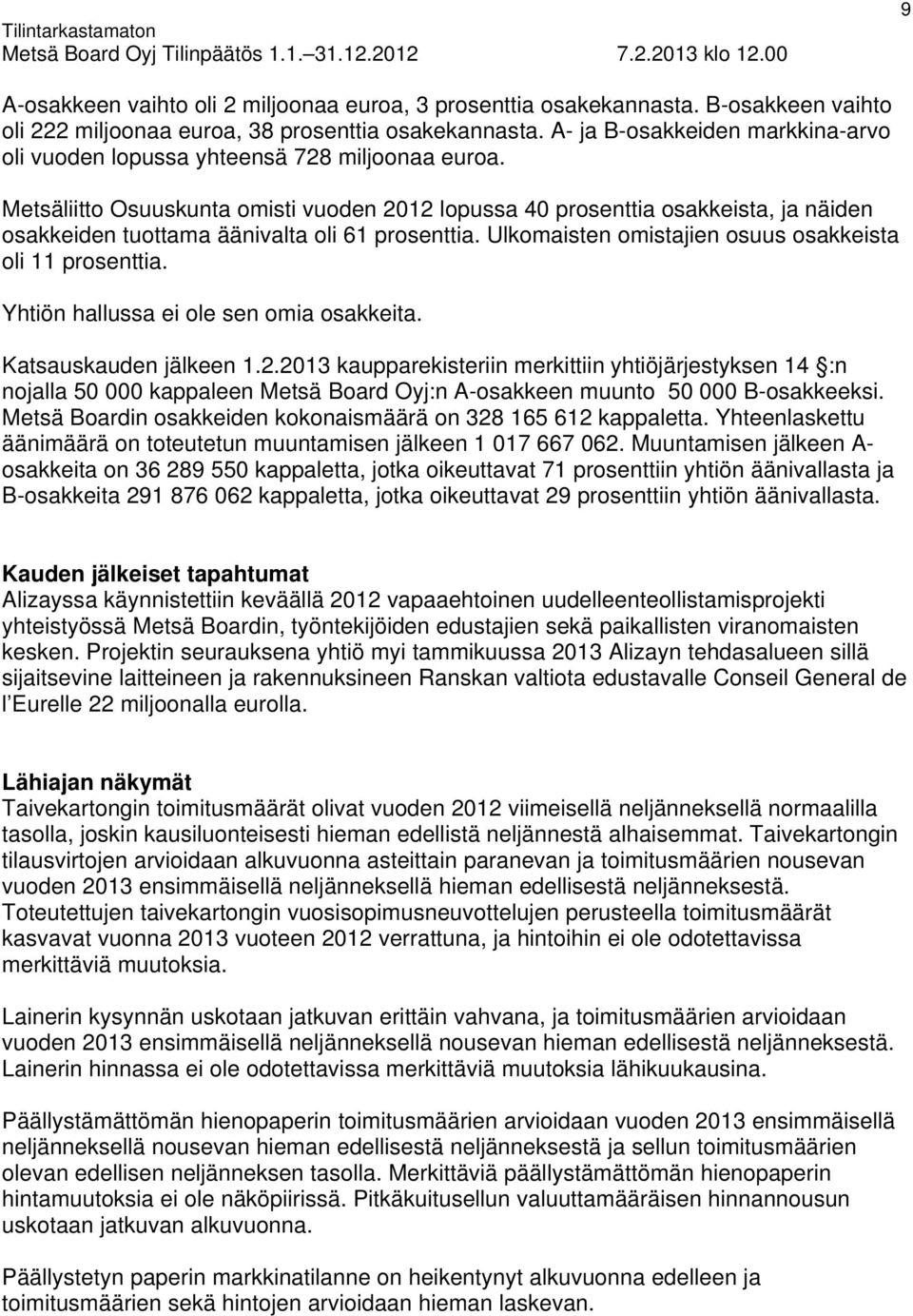 Metsäliitto Osuuskunta omisti vuoden 2012 lopussa 40 prosenttia osakkeista, ja näiden osakkeiden tuottama äänivalta oli 61 prosenttia. Ulkomaisten omistajien osuus osakkeista oli 11 prosenttia.