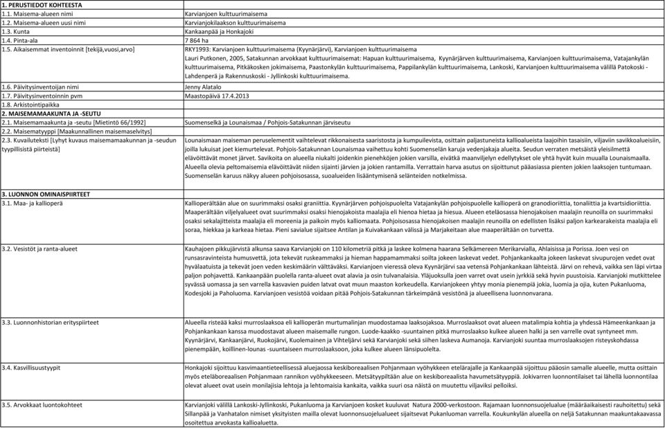 Aikaisemmat inventoinnit [tekijä,vuosi,arvo] RKY1993: Karvianjoen kulttuurimaisema (Kyynärjärvi), Karvianjoen kulttuurimaisema Lauri Putkonen, 2005, Satakunnan arvokkaat kulttuurimaisemat: Hapuan