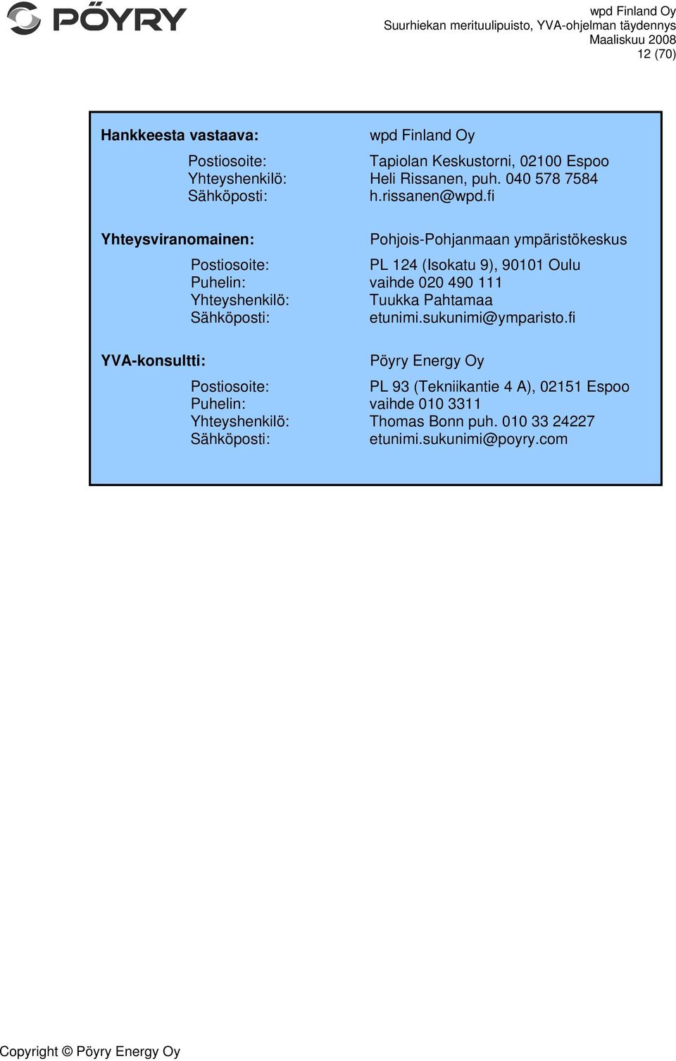 fi Yhteysviranomainen: Pohjois-Pohjanmaan ympäristökeskus Postiosoite: PL 124 (Isokatu 9), 90101 Oulu Puhelin: vaihde 020 490 111