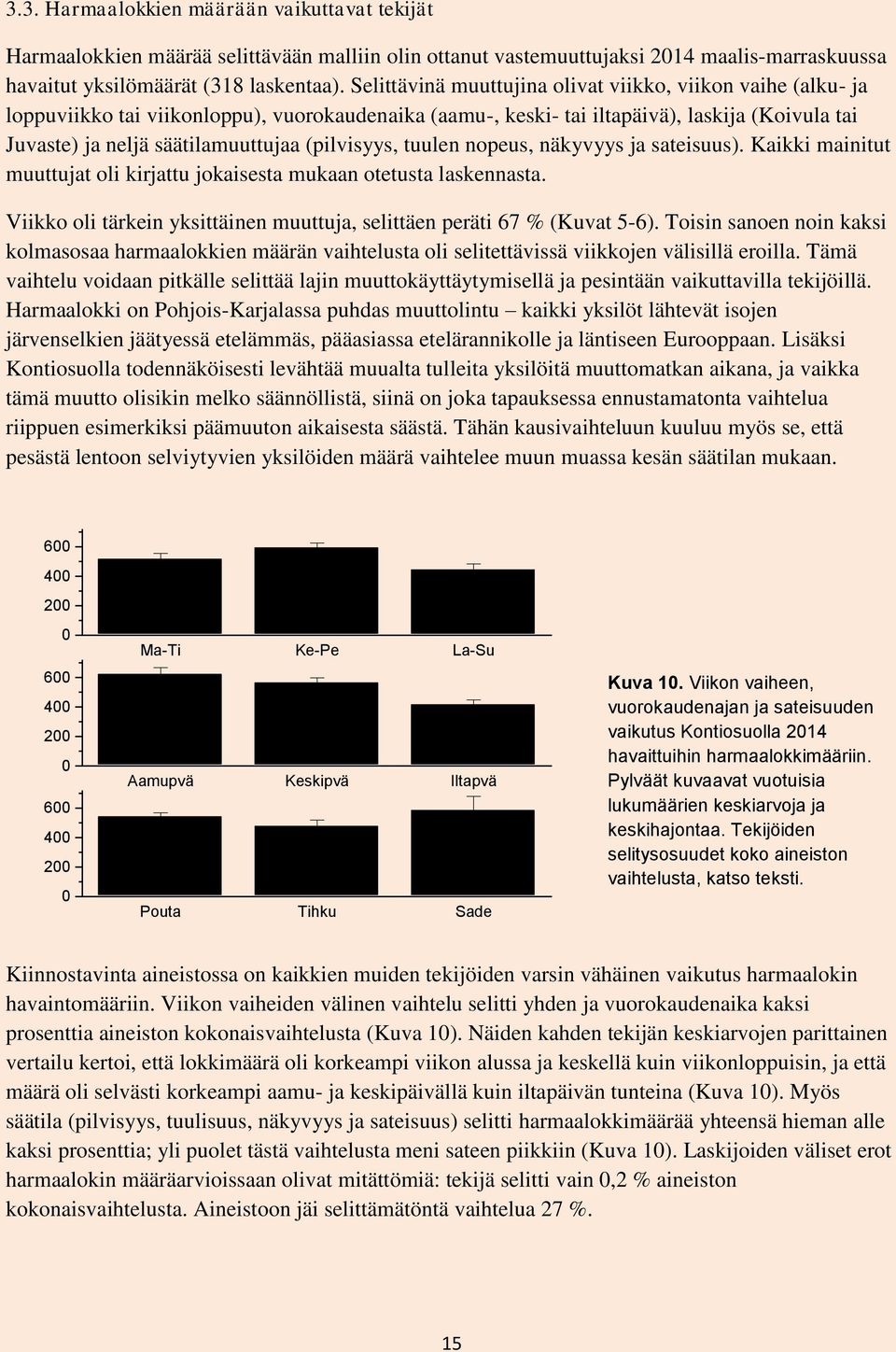 (pilvisyys, tuulen nopeus, näkyvyys ja sateisuus). Kaikki mainitut muuttujat oli kirjattu jokaisesta mukaan otetusta laskennasta.