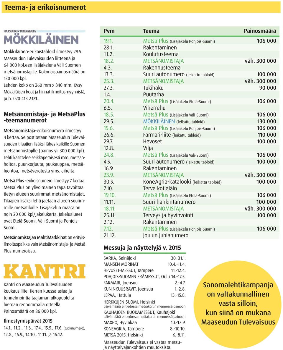 Se postitetaan Maaseudun Tulevaisuuden tilaajien lisäksi lähes kaikille Suomen metsänomistajille (painos yli 300 000 kpl). Lehti käsittelee seikkaperäisesti mm.