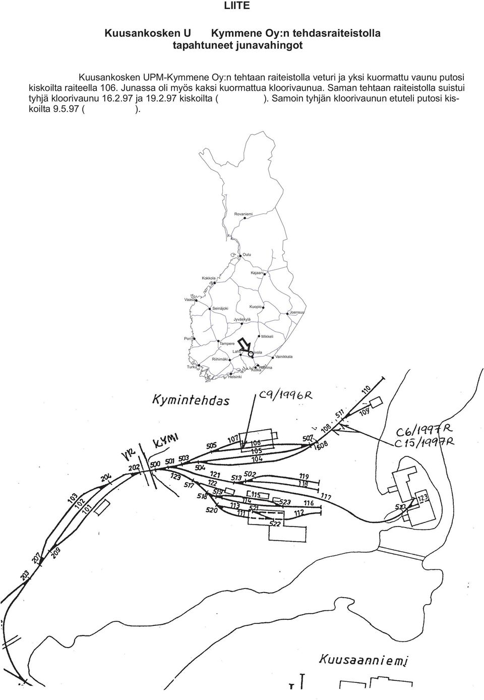 Saman tehtaan raiteistolla suistui tyhjä kloorivaunu 16.2.97 ja 19.2.97 kiskoilta ( ).