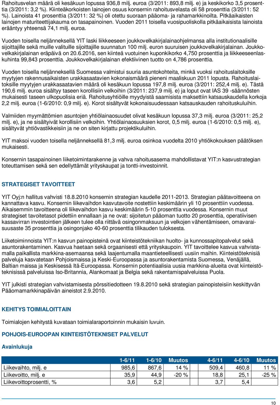 Pitkäaikaisten lainojen maturiteettijakauma on tasapainoinen. Vuoden 2011 toisella vuosipuoliskolla pitkäaikaisista lainoista erääntyy yhteensä 74,1 milj. euroa.