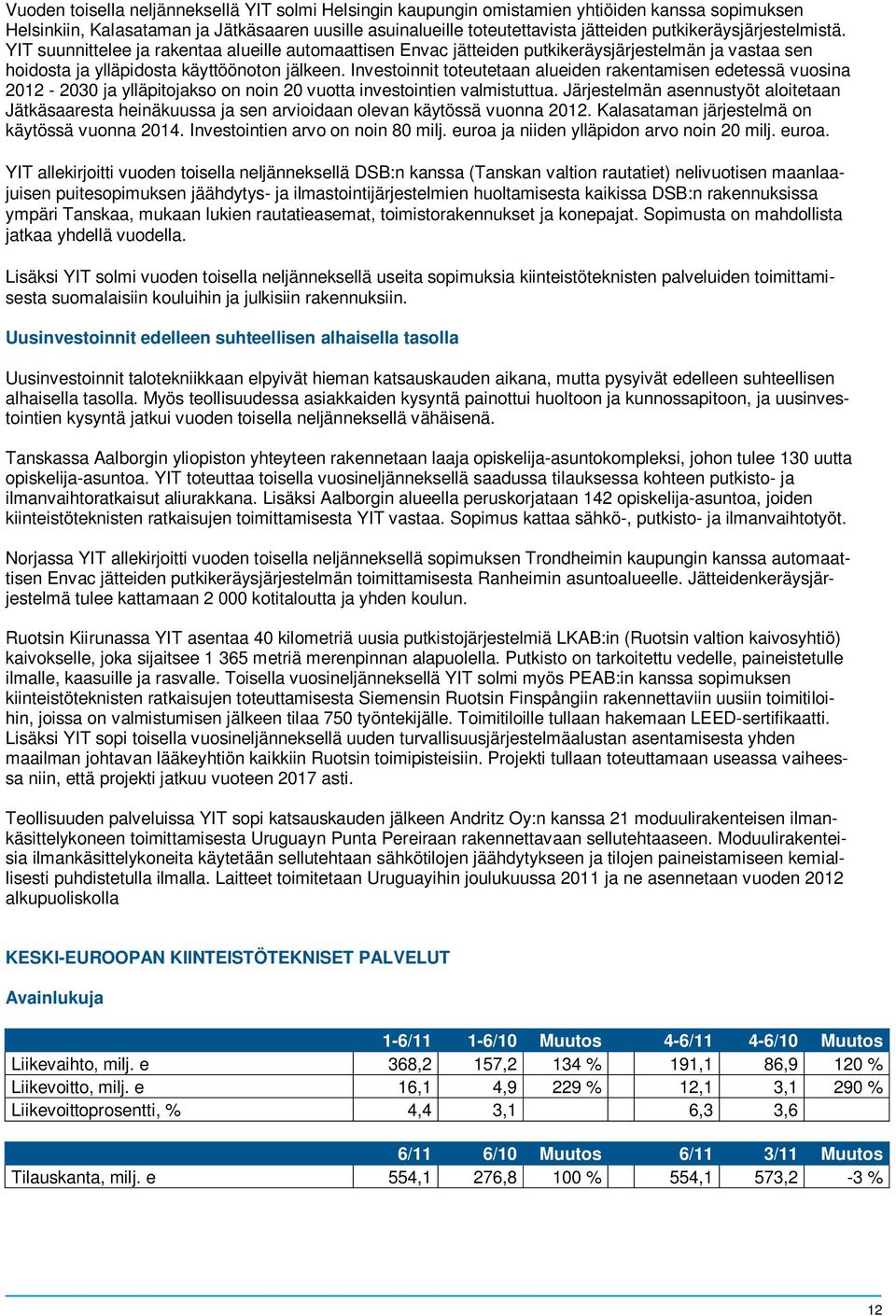 Investoinnit toteutetaan alueiden rakentamisen edetessä vuosina 2012-2030 ja ylläpitojakso on noin 20 vuotta investointien valmistuttua.