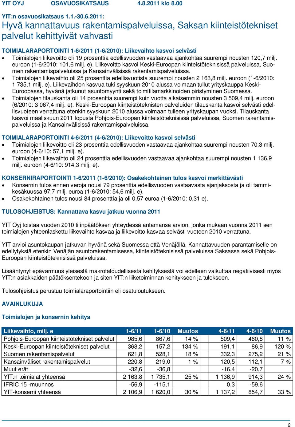 19 prosenttia edellisvuoden vastaavaa ajankohtaa suurempi nousten 120,7 milj. euroon (1-6/2010: 101,6 milj. e).