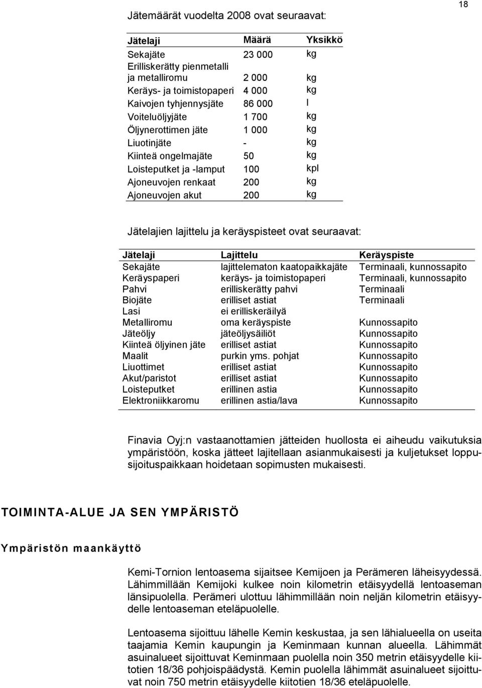 lajittelu ja keräyspisteet ovat seuraavat: Jätelaji Lajittelu Keräyspiste Sekajäte lajittelematon kaatopaikkajäte Terminaali, kunnossapito Keräyspaperi keräys- ja toimistopaperi Terminaali,