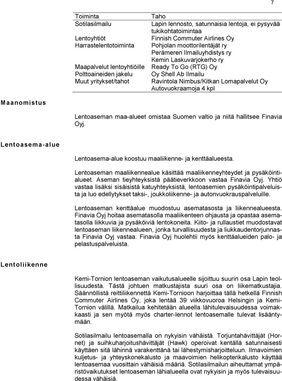 Lomapalvelut Oy Autovuokraamoja 4 kpl Maanomistus Lentoaseman maa-alueet omistaa Suomen valtio ja niitä hallitsee Finavia Oyj. Lentoasema-alue Lentoasema-alue koostuu maaliikenne- ja kenttäalueesta.