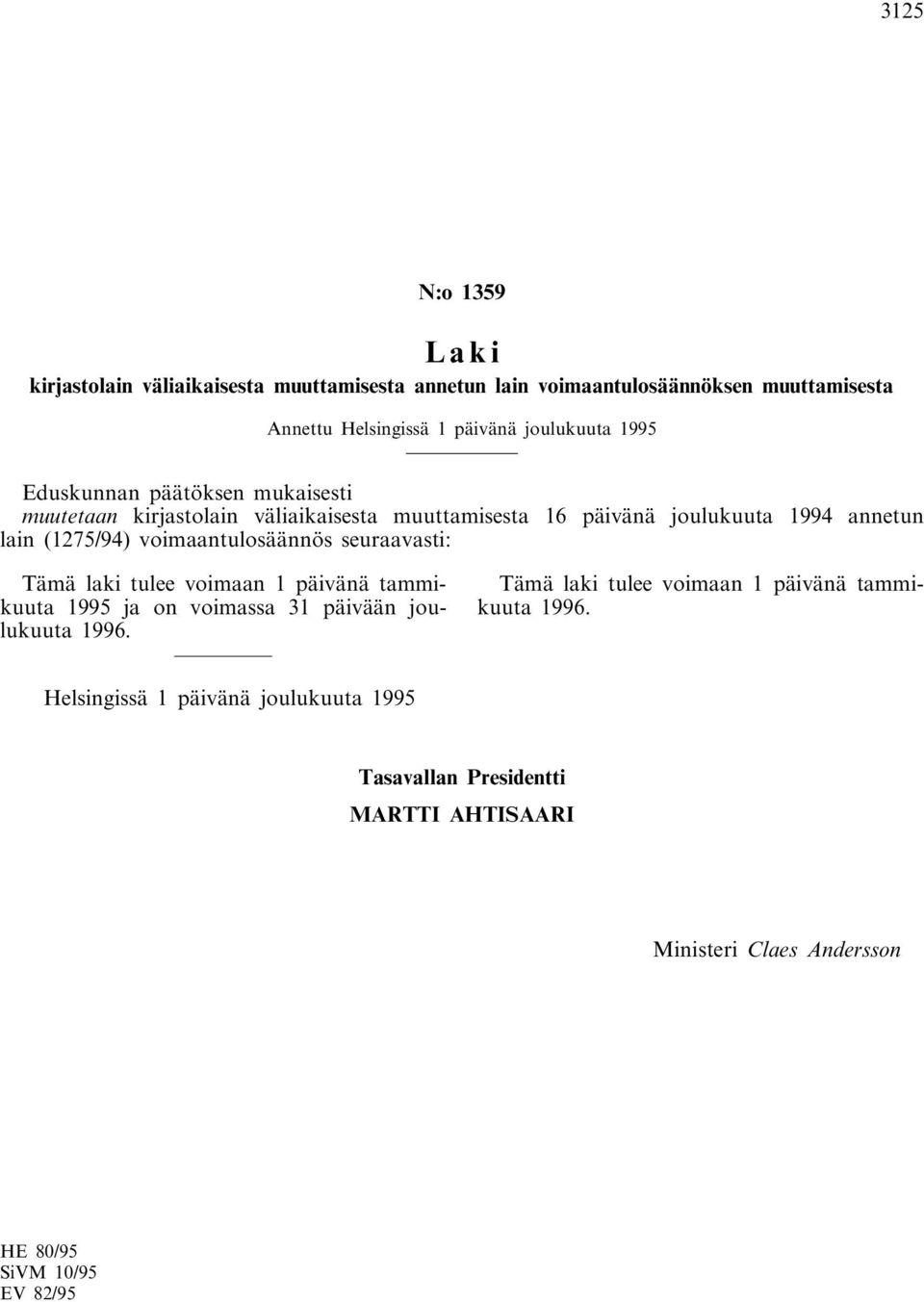 päivänä joulukuuta 1994 annetun lain (1275/94) voimaantulosäännös seuraavasti: 1995 ja on voimassa 31