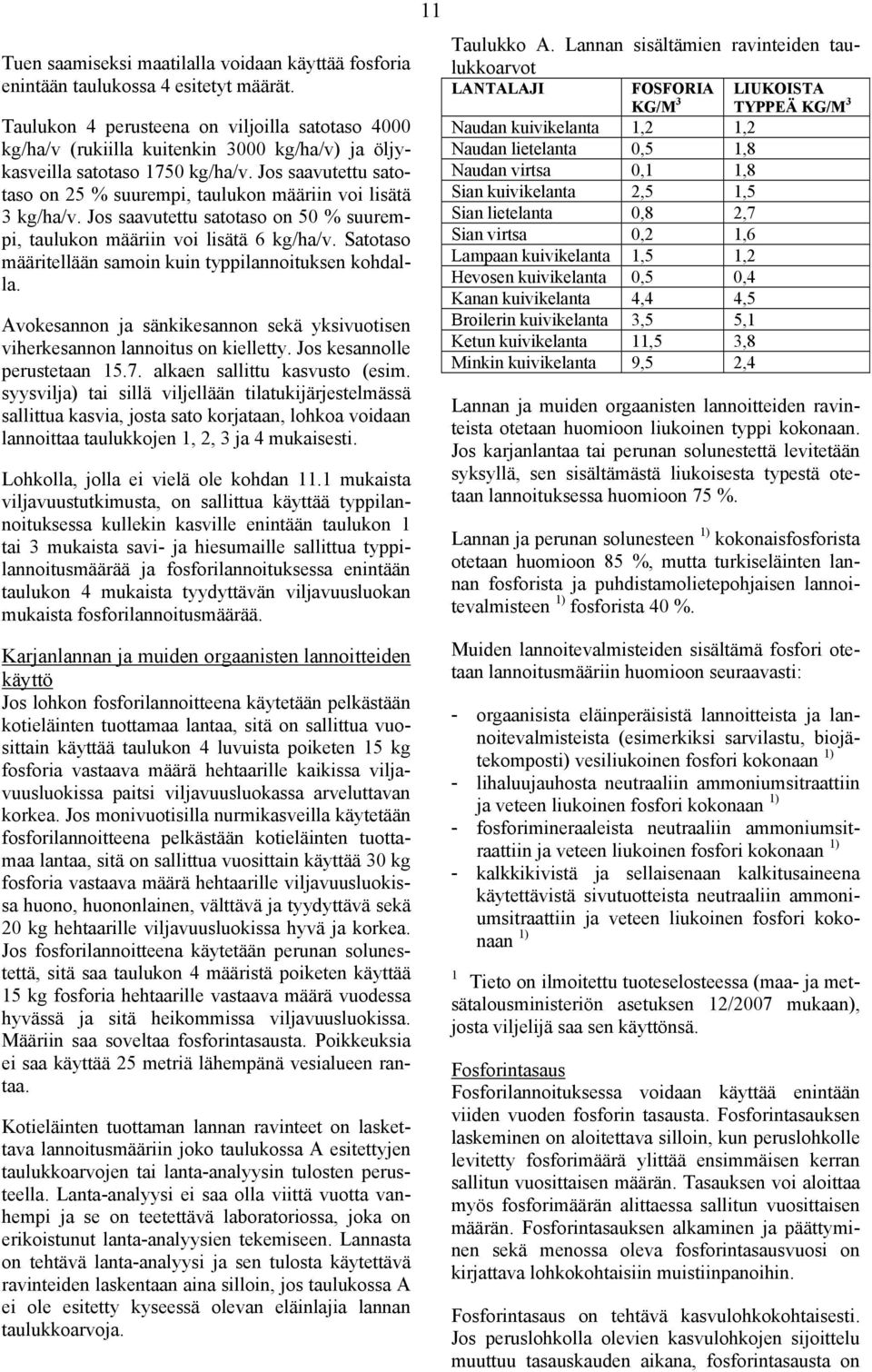 Jos saavutettu satotaso on 25 % suurempi, taulukon määriin voi lisätä 3 kg/ha/v. Jos saavutettu satotaso on 50 % suurempi, taulukon määriin voi lisätä 6 kg/ha/v.