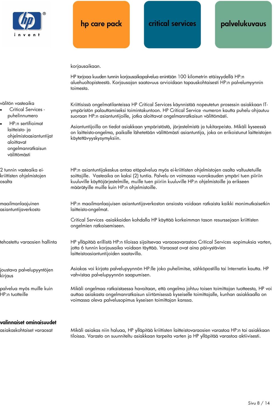 välitön vasteaika Critical Services - puhelinnumero HP:n sertifioimat laitteisto- ja ohjelmistoasiantuntijat aloittavat ongelmanratkaisun välittömästi Kriittisissä ongelmatilanteissa HP Critical