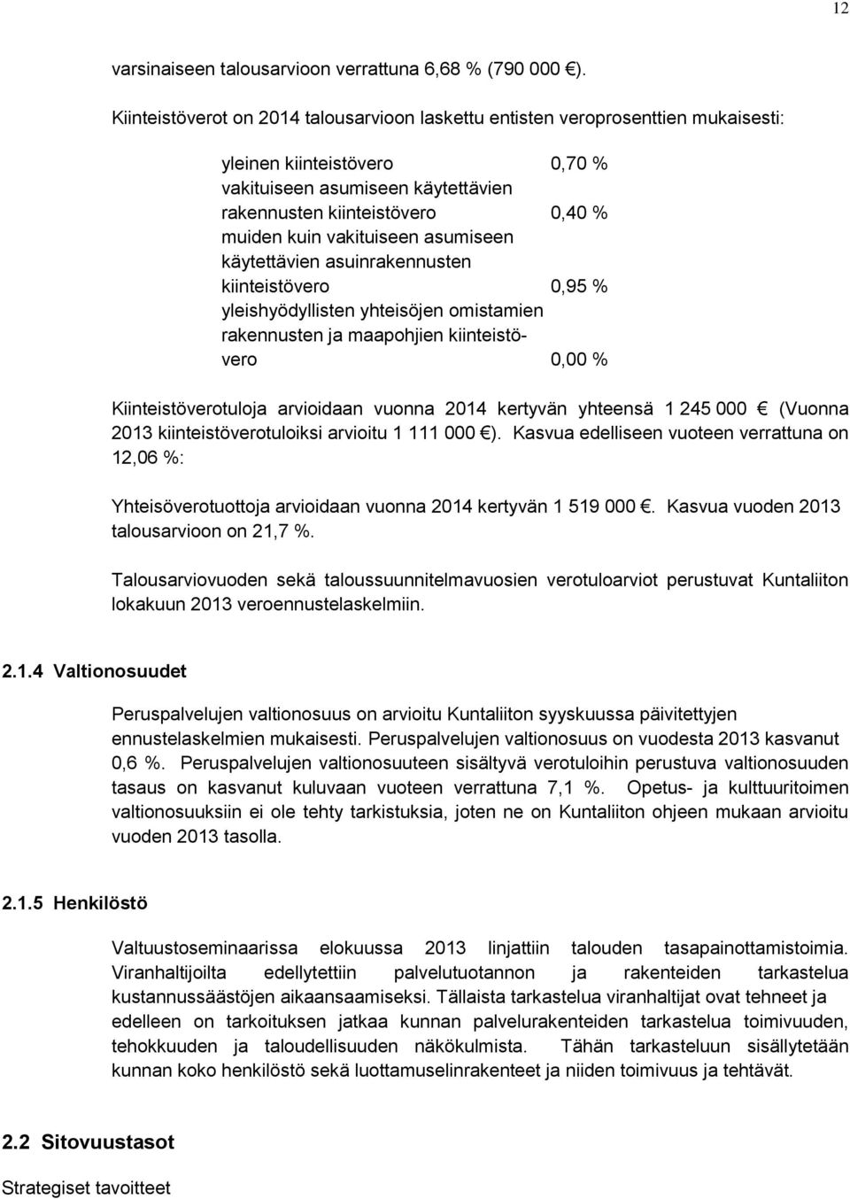 vakituiseen asumiseen käytettävien asuinrakennusten kiinteistövero 0,95 % yleishyödyllisten yhteisöjen omistamien rakennusten ja maapohjien kiinteistövero 0,00 % Kiinteistöverotuloja arvioidaan