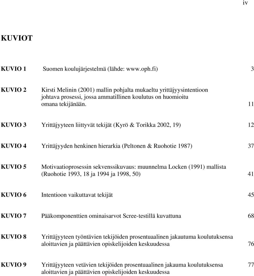 11 KUVIO 3 Yrittäjyyteen liittyvät tekijät (Kyrö & Torikka 2002, 19) 12 KUVIO 4 Yrittäjyyden henkinen hierarkia (Peltonen & Ruohotie 1987) 37 KUVIO 5 Motivaatioprosessin sekvenssikuvaus: muunnelma