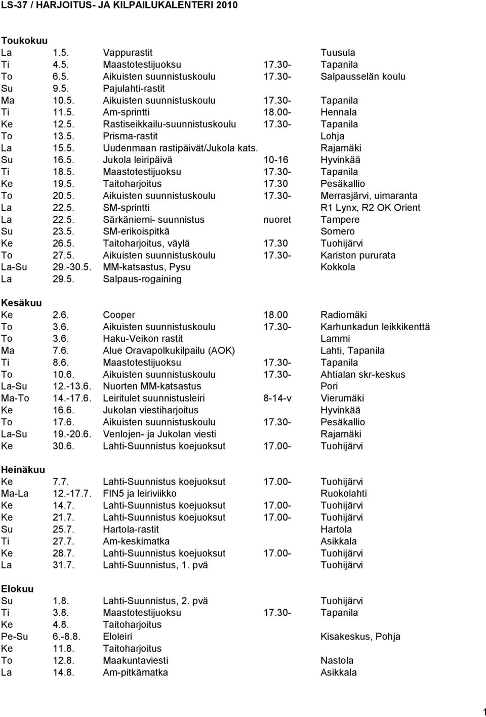 Rajamäki Su 16.5. Jukola leiripäivä 10-16 Hyvinkää Ti 18.5. Maastotestijuoksu 17.30- Tapanila Ke 19.5. Taitoharjoitus 17.30 Pesäkallio To 20.5. Aikuisten suunnistuskoulu 17.