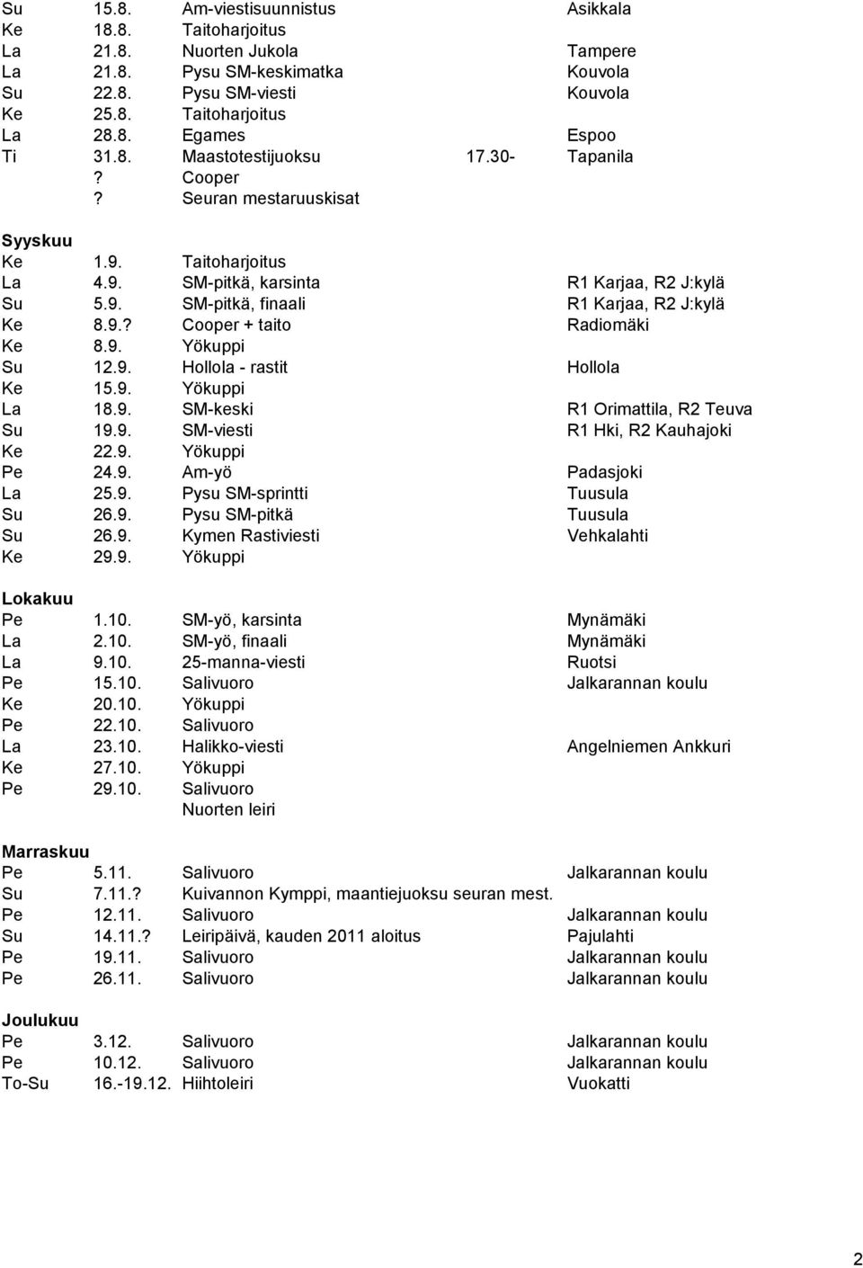 9.? Cooper + taito Radiomäki Ke 8.9. Yökuppi Su 12.9. Hollola - rastit Hollola Ke 15.9. Yökuppi La 18.9. SM-keski R1 Orimattila, R2 Teuva Su 19.9. SM-viesti R1 Hki, R2 Kauhajoki Ke 22.9. Yökuppi Pe 24.