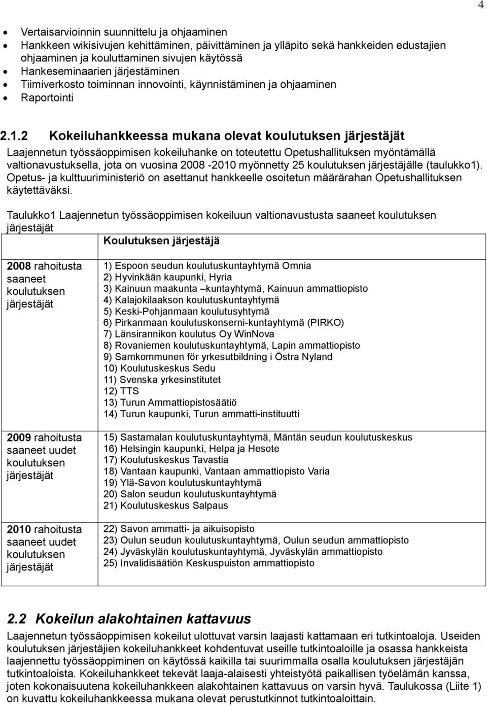 2 Kokeiluhankkeessa mukana olevat koulutuksen järjestäjät Laajennetun työssäoppimisen kokeiluhanke on toteutettu Opetushallituksen myöntämällä valtionavustuksella, jota on vuosina 2008-2010 myönnetty