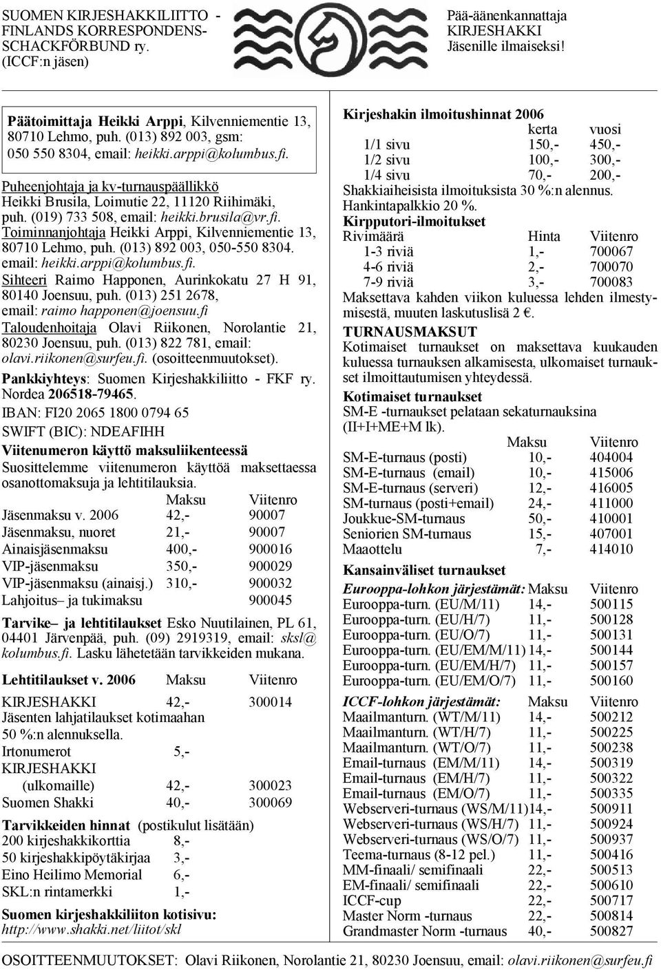 Puheenjohtaja ja kv-turnauspäällikkö Heikki Brusila, Loimutie 22, 11120 Riihimäki, puh. (019) 733 508, email: heikki.brusila@vr.fi. Toiminnanjohtaja Heikki Arppi, Kilvenniementie 13, 80710 Lehmo, puh.
