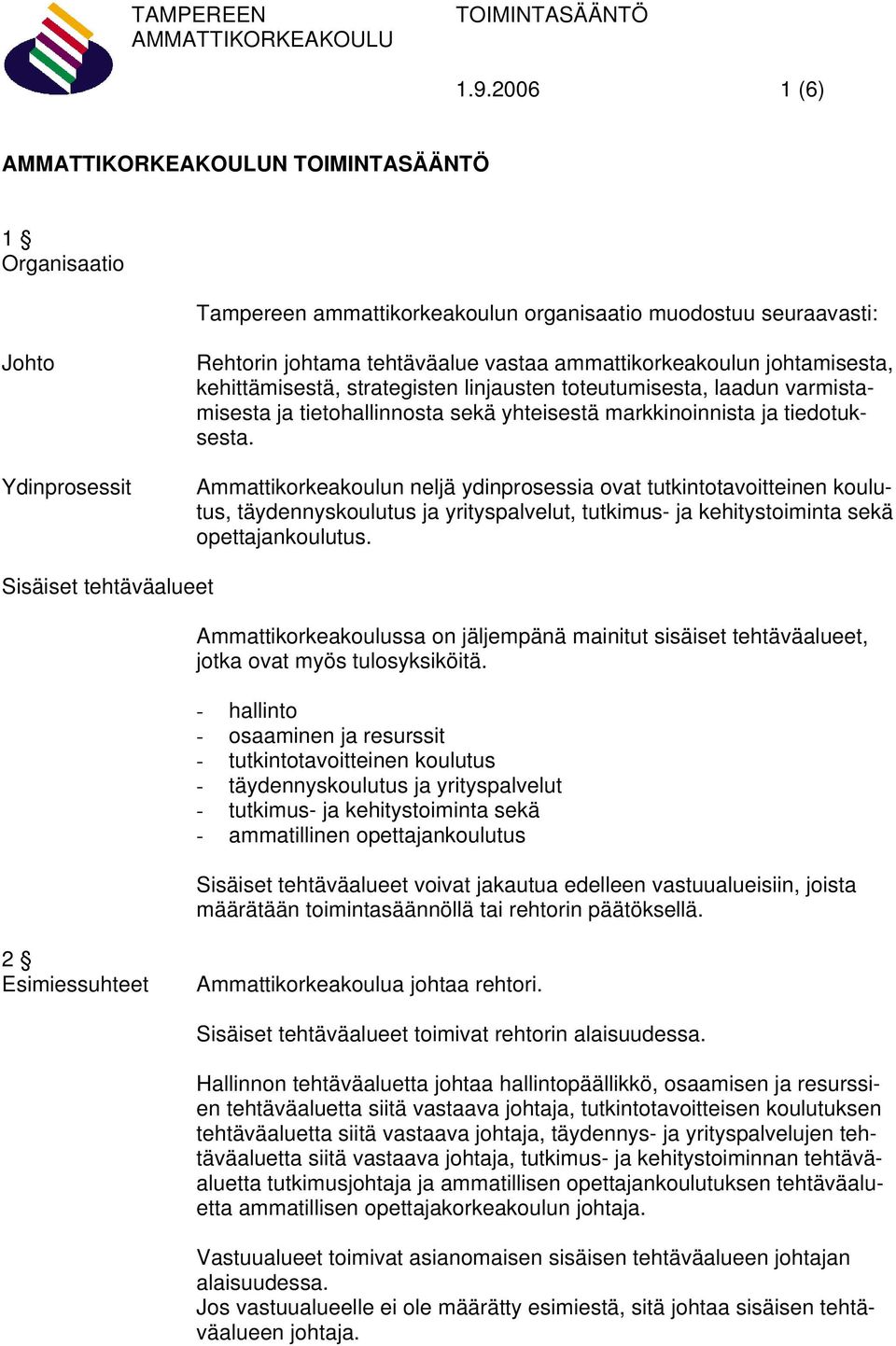 Ammattikorkeakoulun neljä ydinprosessia ovat tutkintotavoitteinen koulutus, täydennyskoulutus ja yrityspalvelut, tutkimus- ja kehitystoiminta sekä opettajankoulutus.