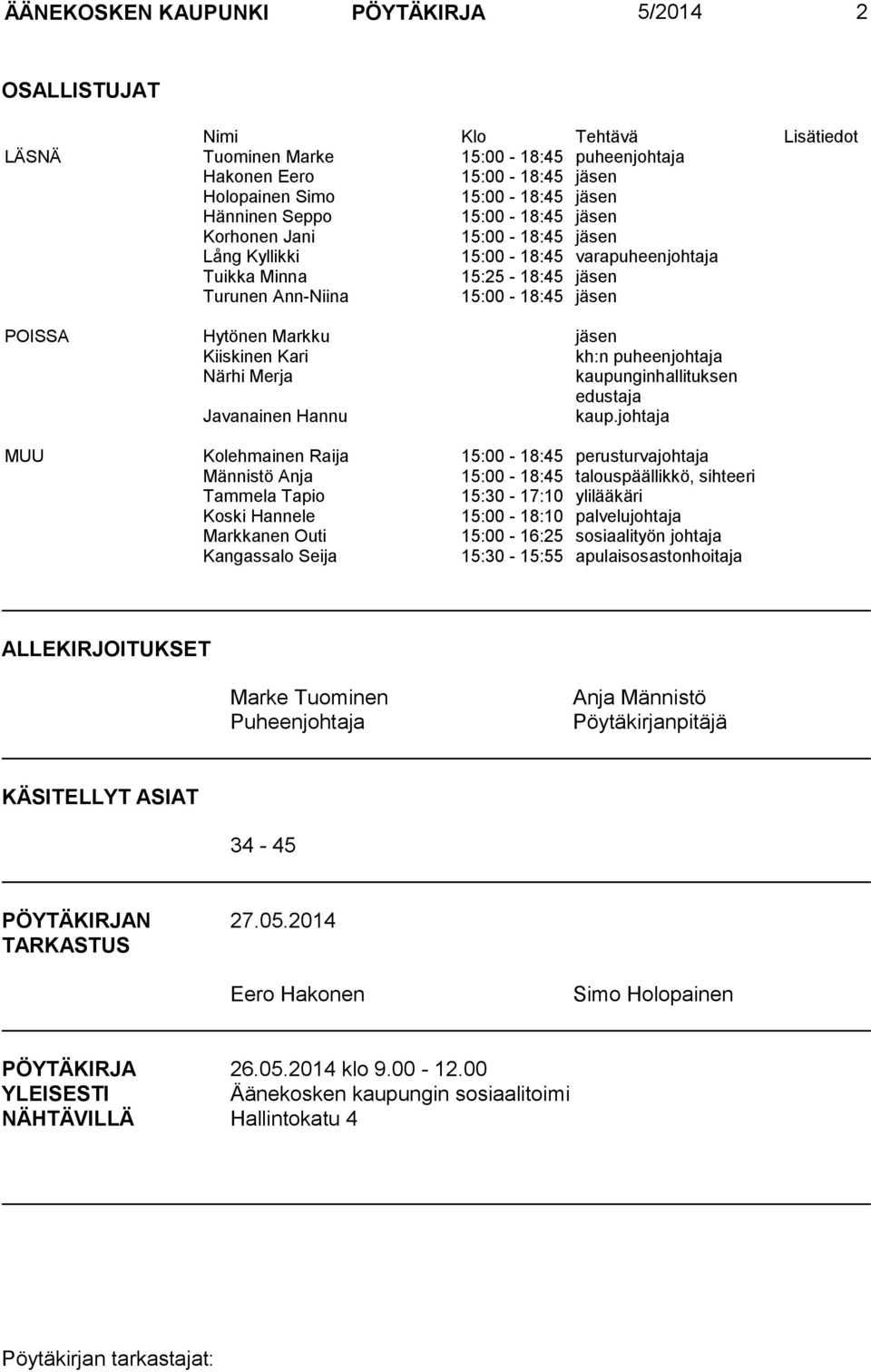 jäsen Kiiskinen Kari kh:n puheenjohtaja Närhi Merja kaupunginhallituksen edustaja Javanainen Hannu kaup.